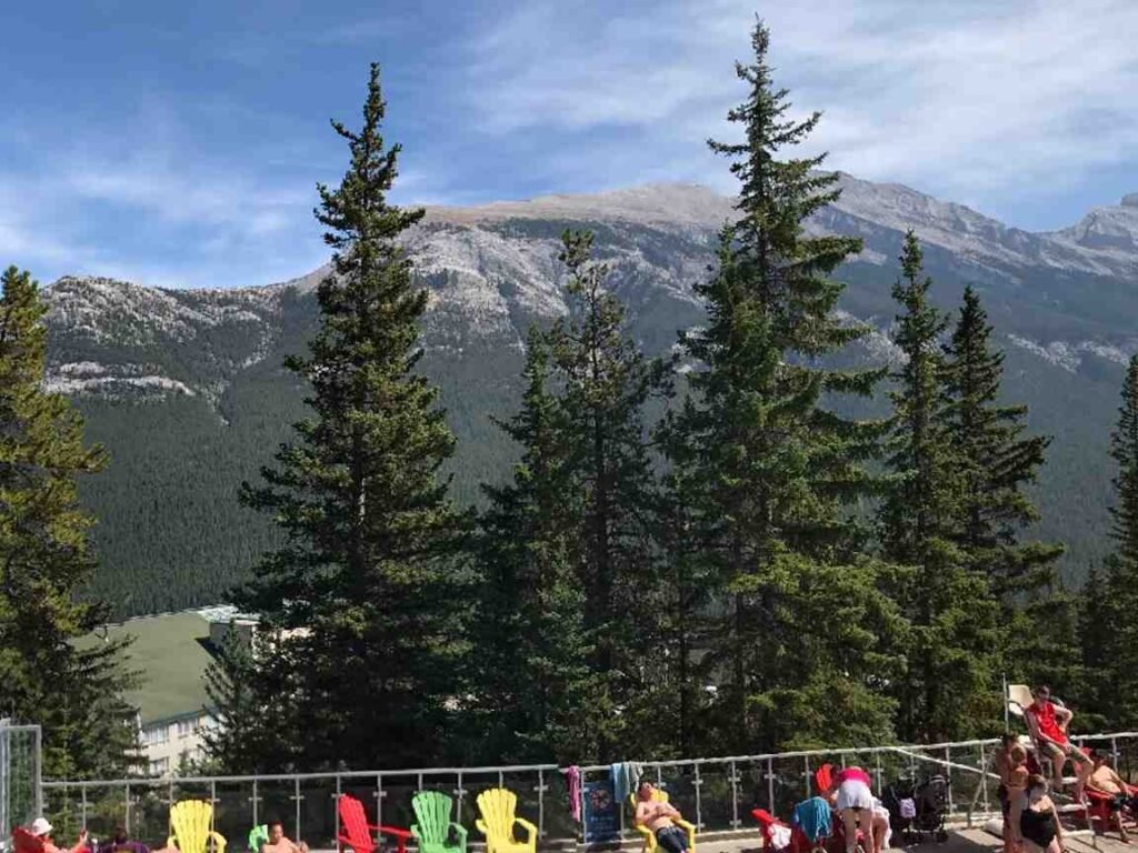 Aerial view of Banff Upper Hot Springs at 1,585 meters surrounded by snow-capped Canadian Rockies