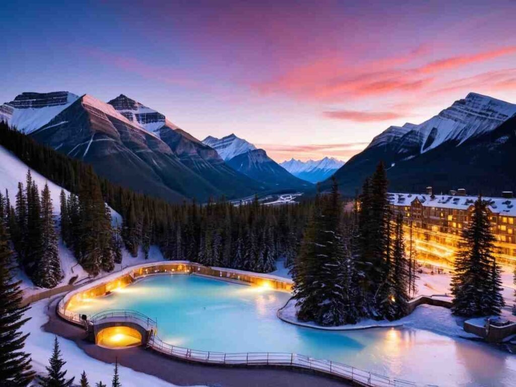 Banff Upper Hot Springs with Sulphur Mountain glowing at sunset, showcasing stunning scenery
