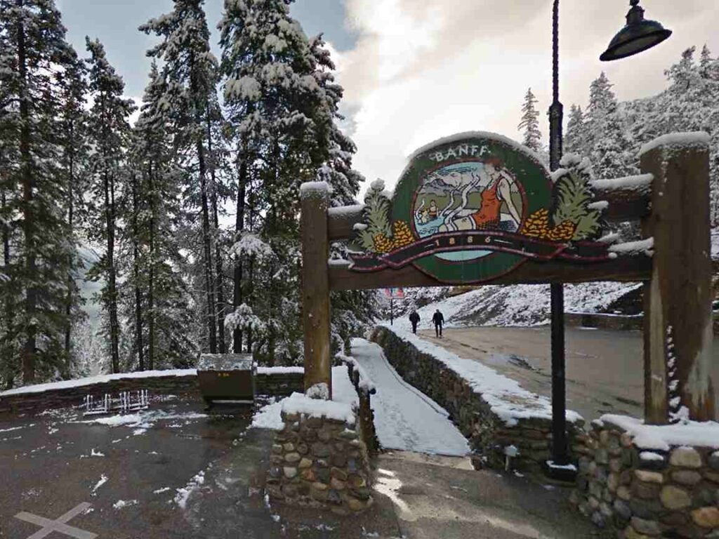 Entrance to Banff Upper Hot Springs on a winter morning in Canada