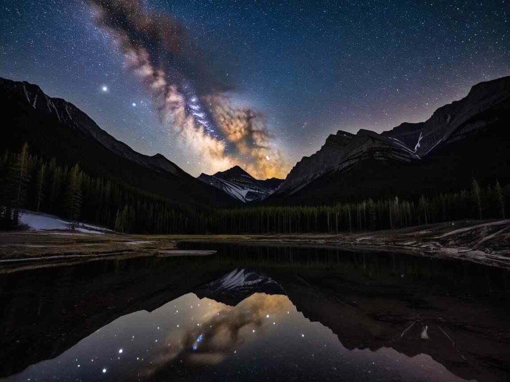 Starry night sky reflecting over Banff Upper Hot Springs, a photographer’s paradise