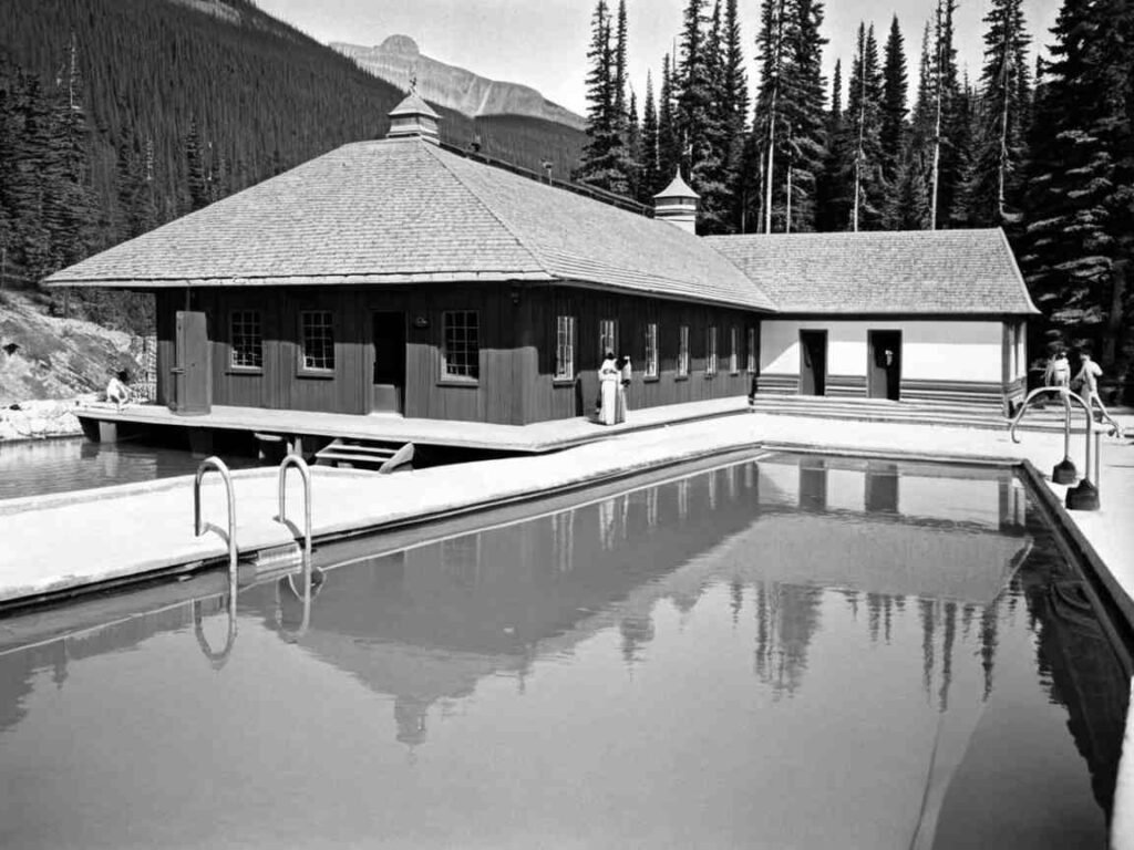 Vintage image of the 1932 Banff Upper Hot Springs bathhouse, a key milestone in the History of Banff Hot Springs