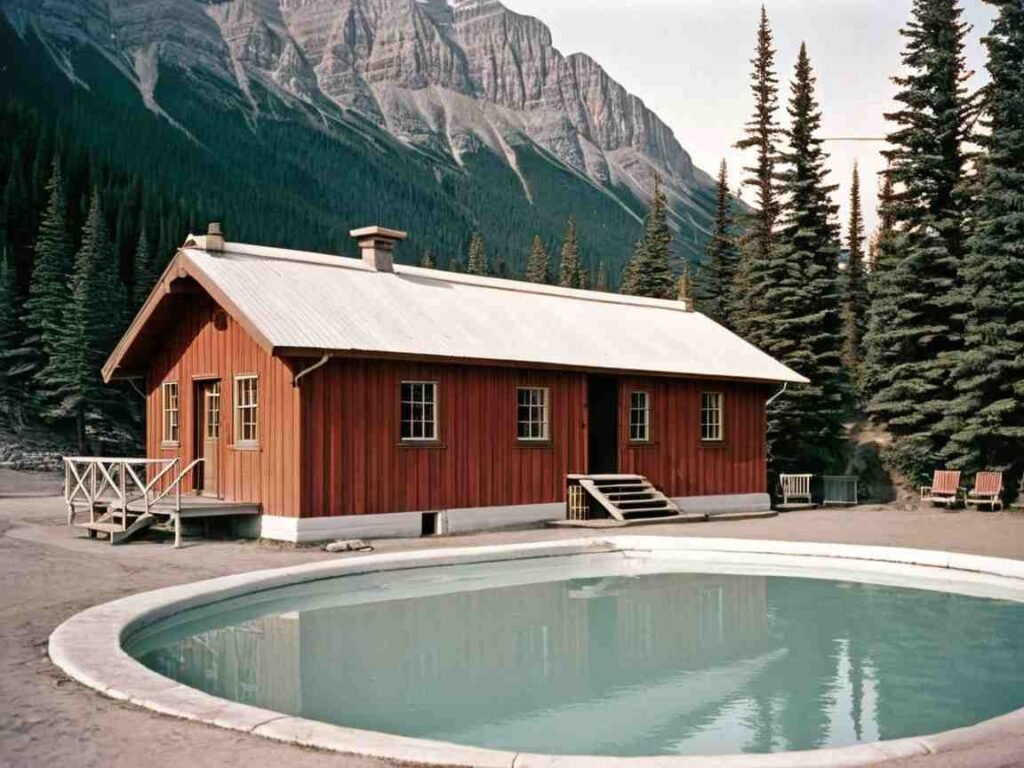 Vintage photo of Banff Upper Hot Springs bathhouse from the 1930s